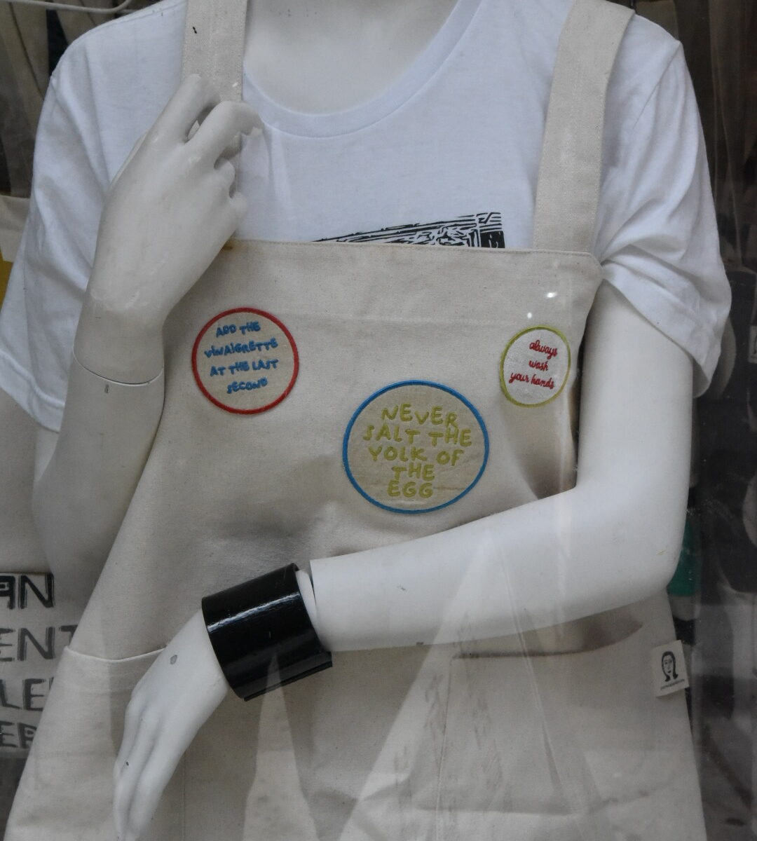 Japanese-style apron with assorted patches